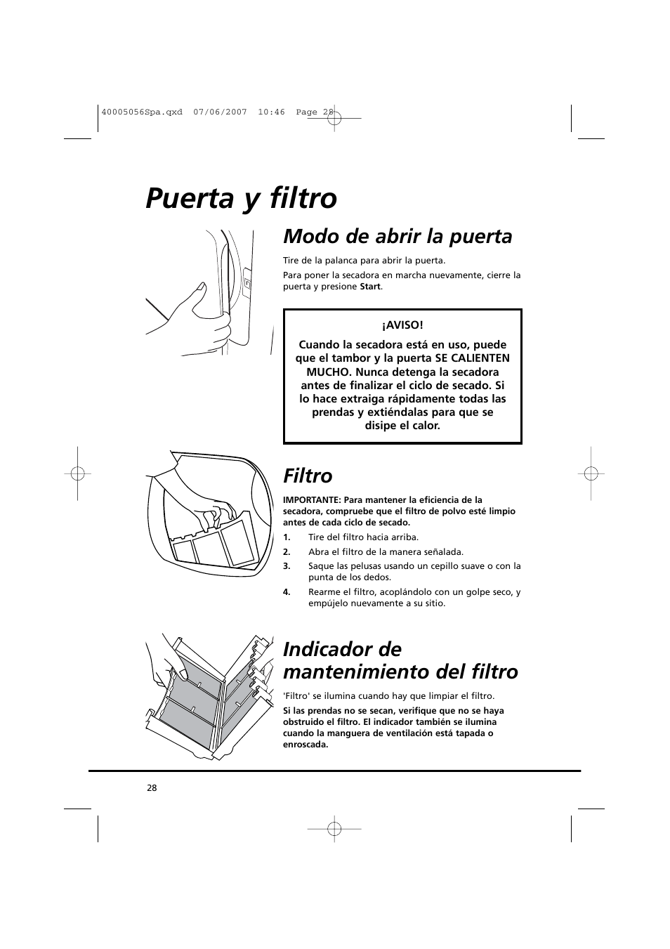 Puerta y filtro, Modo de abrir la puerta, Filtro | Indicador de mantenimiento del filtro | Candy GO DV 38-37 User Manual | Page 28 / 34