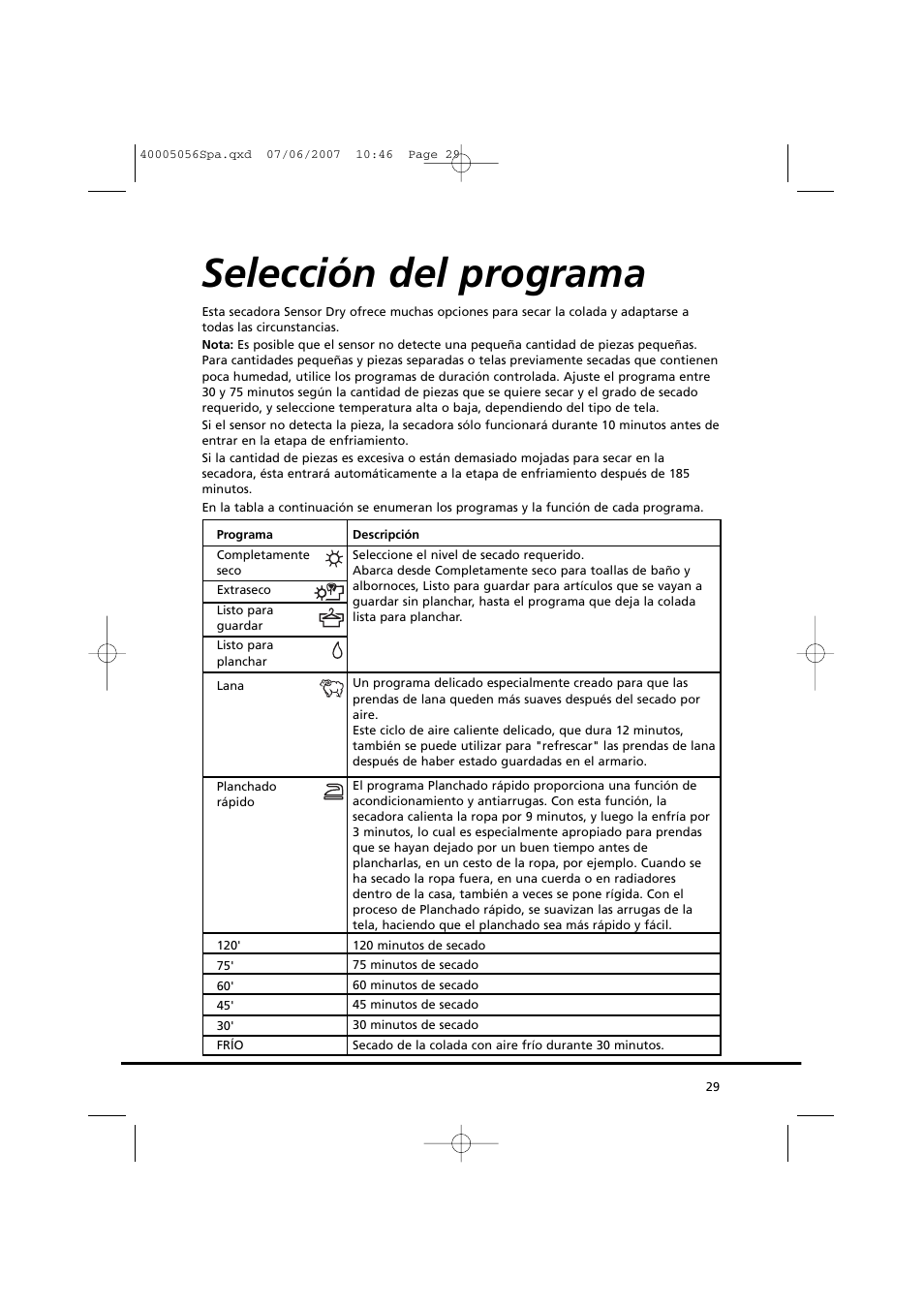 Selección del programa | Candy GO DV 38-37 User Manual | Page 29 / 34