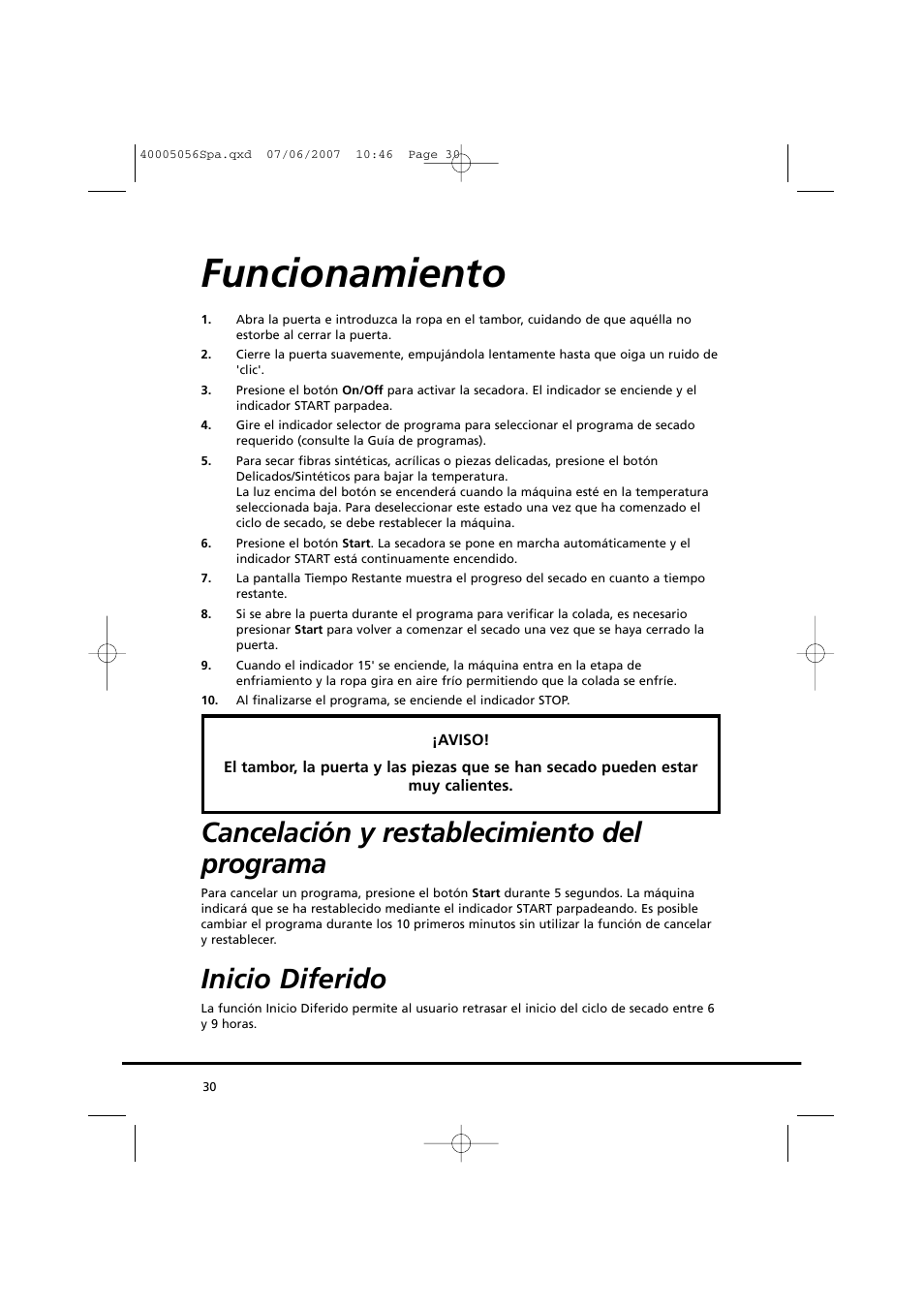 Funcionamiento, Cancelación y restablecimiento del programa, Inicio diferido | Candy GO DV 38-37 User Manual | Page 30 / 34