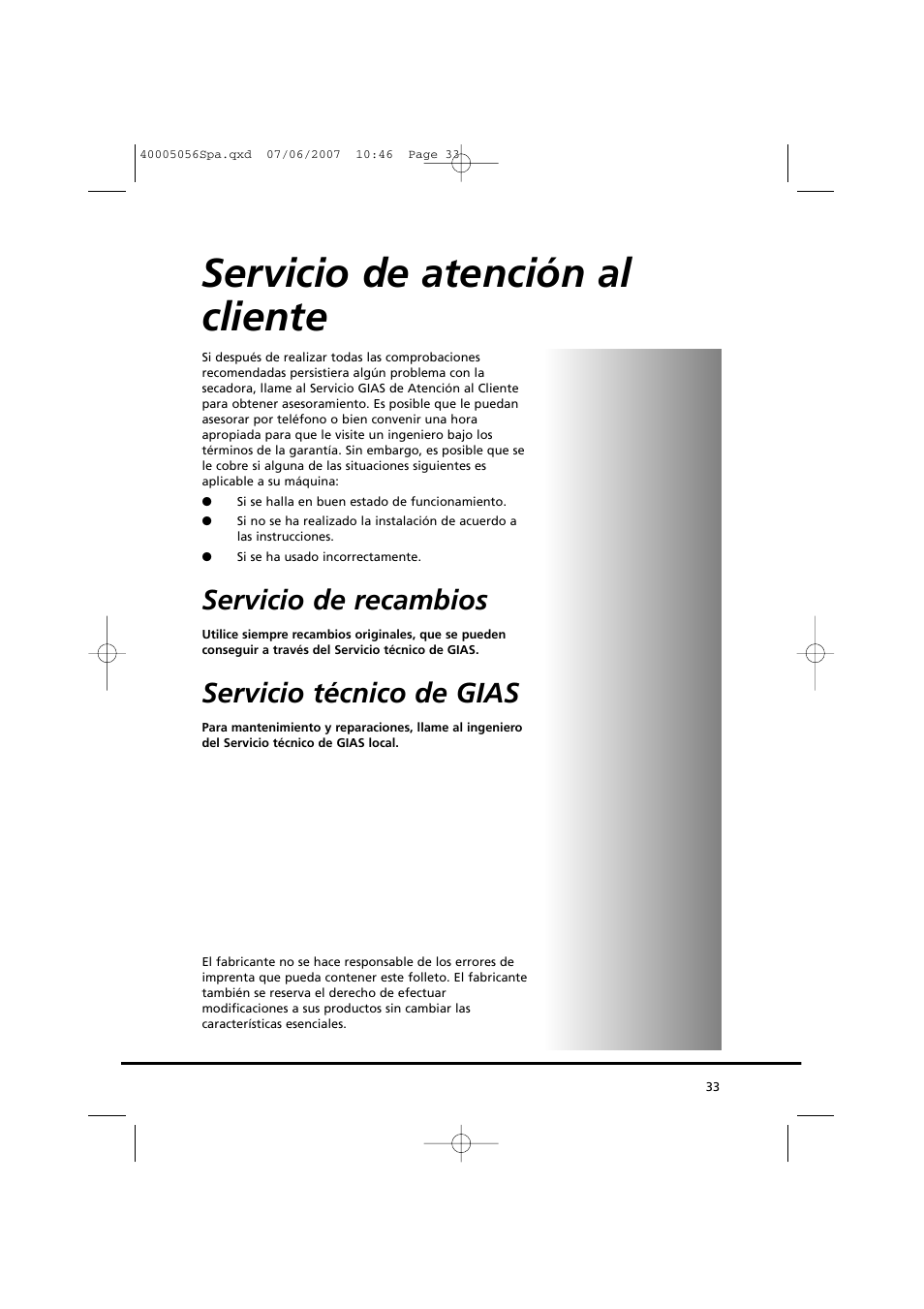 Servicio de atención al cliente, Servicio de recambios, Servicio técnico de gias | Candy GO DV 38-37 User Manual | Page 33 / 34