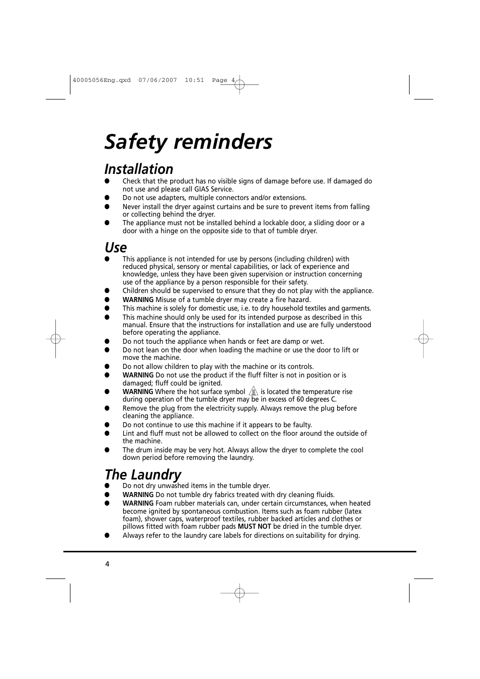 Safety reminders, Installation, The laundry | Candy GO DV 38-37 User Manual | Page 4 / 34