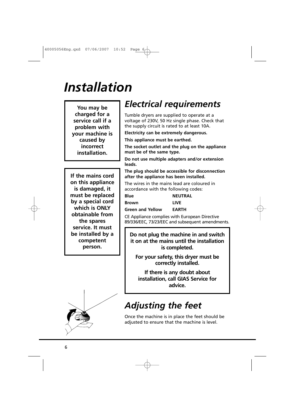 Installation, Electrical requirements, Adjusting the feet | Candy GO DV 38-37 User Manual | Page 6 / 34