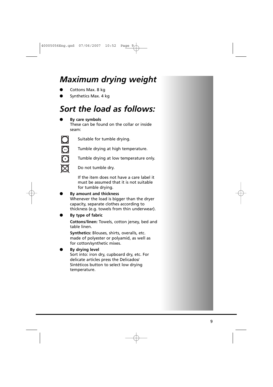 Maximum drying weight, Sort the load as follows | Candy GO DV 38-37 User Manual | Page 9 / 34