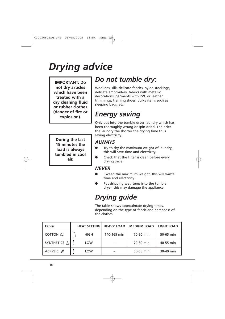 Drying advice, Do not tumble dry, Energy saving | Drying guide, Always, Never | Candy AB CC2 67-37 User Manual | Page 10 / 40