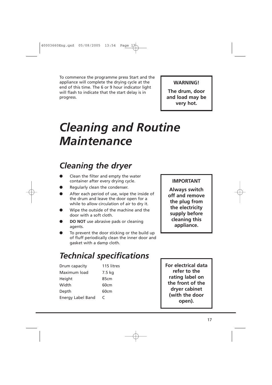 Cleaning and routine maintenance, Cleaning the dryer, Technical specifications | Candy AB CC2 67-37 User Manual | Page 17 / 40