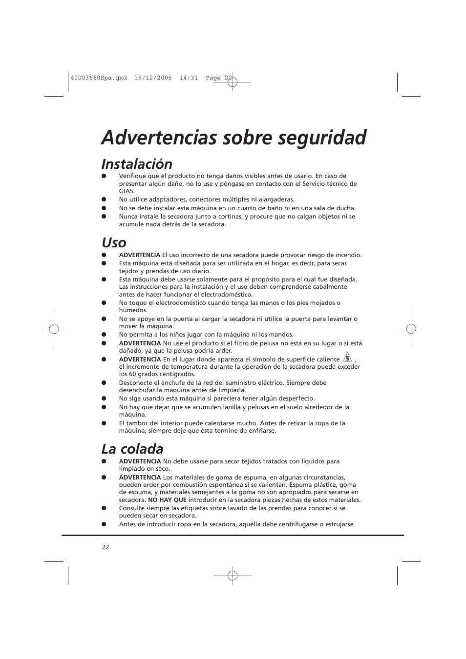 Advertencias sobre seguridad, Instalación, La colada | Candy AB CC2 67-37 User Manual | Page 22 / 40