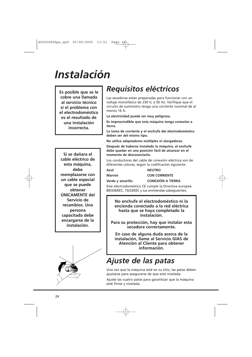 Instalación, Requisitos eléctricos, Ajuste de las patas | Candy AB CC2 67-37 User Manual | Page 24 / 40