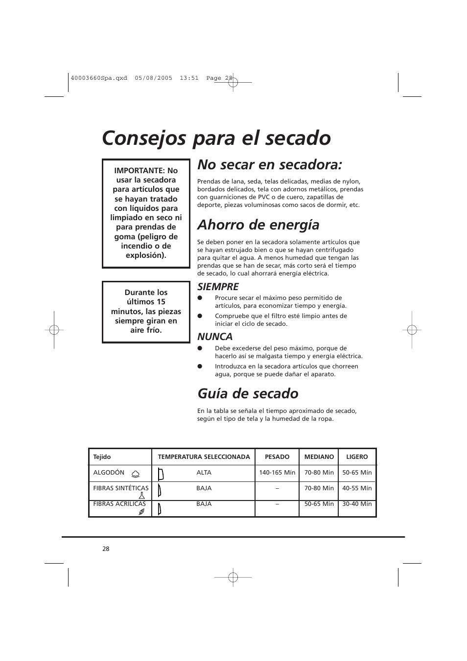 Consejos para el secado, No secar en secadora, Ahorro de energía | Guía de secado, Siempre, Nunca | Candy AB CC2 67-37 User Manual | Page 28 / 40