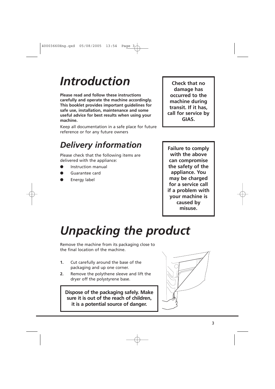 Introduction, Unpacking the product, Delivery information | Candy AB CC2 67-37 User Manual | Page 3 / 40