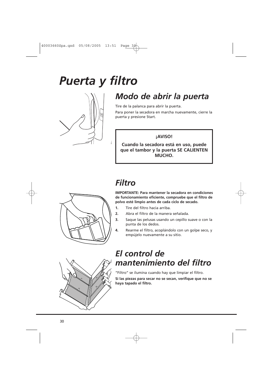 Puerta y filtro, Modo de abrir la puerta, Filtro | El control de mantenimiento del filtro | Candy AB CC2 67-37 User Manual | Page 30 / 40