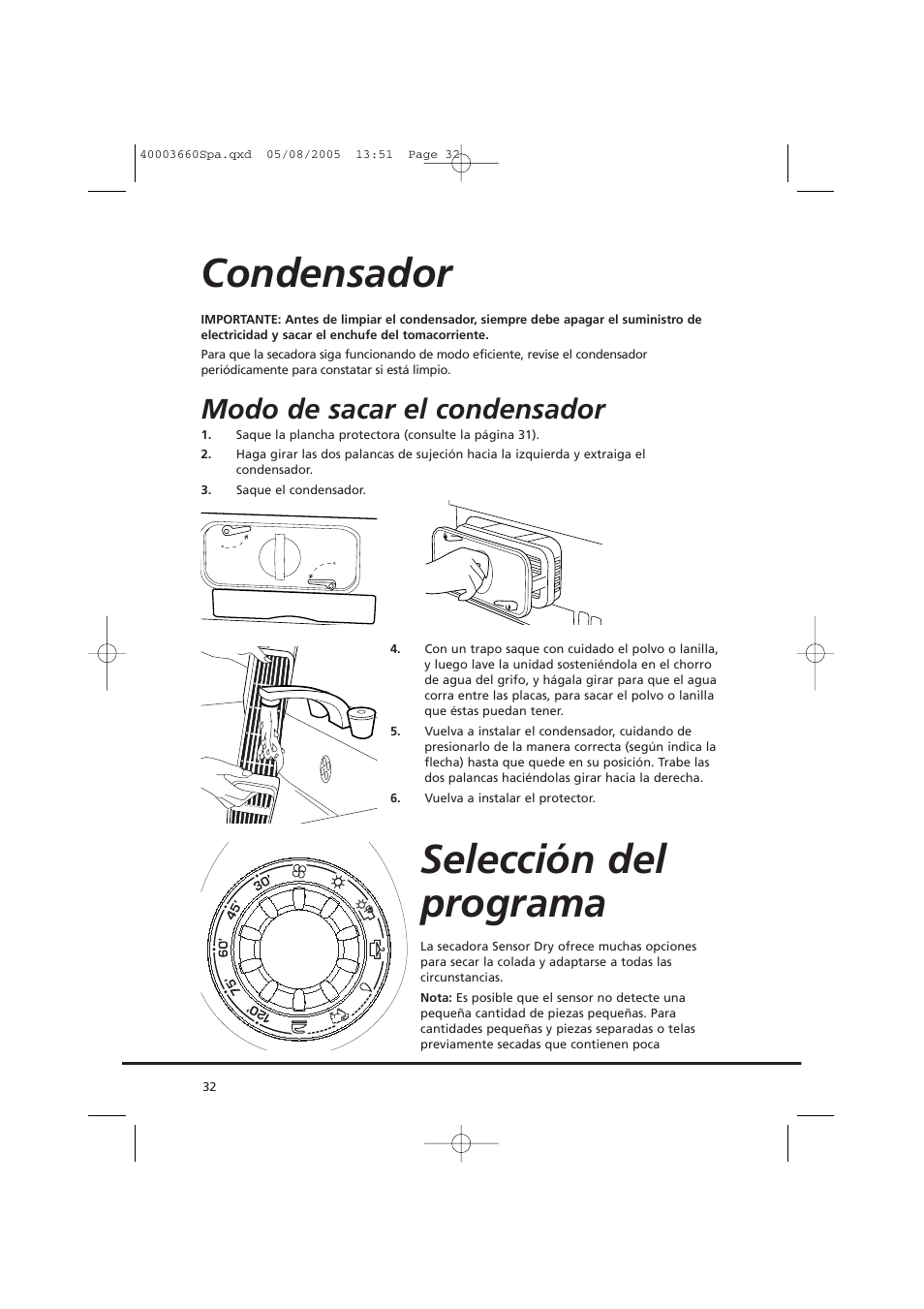 Condensador selección del programa, Modo de sacar el condensador | Candy AB CC2 67-37 User Manual | Page 32 / 40
