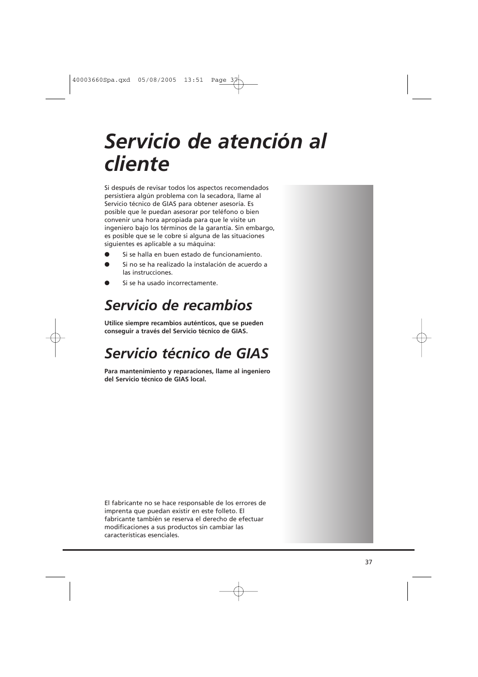 Servicio de atención al cliente, Servicio de recambios, Servicio técnico de gias | Candy AB CC2 67-37 User Manual | Page 37 / 40