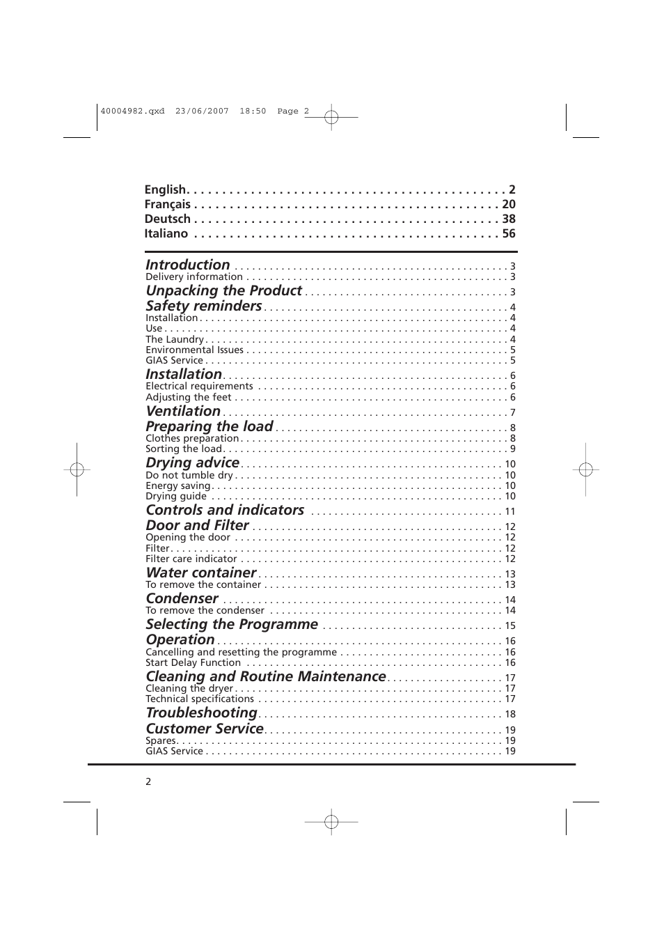 Introduction, Unpacking the product, Safety reminders | Installation, Ventilation, Preparing the load, Drying advice, Controls and indicators, Door and filter, Water container | Candy GO DC 78-01S User Manual | Page 2 / 76