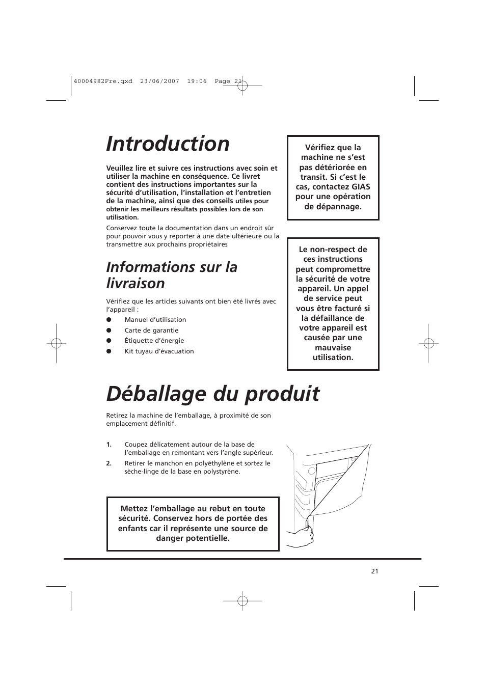 Introduction, Déballage du produit, Informations sur la livraison | Candy GO DC 78-01S User Manual | Page 21 / 76