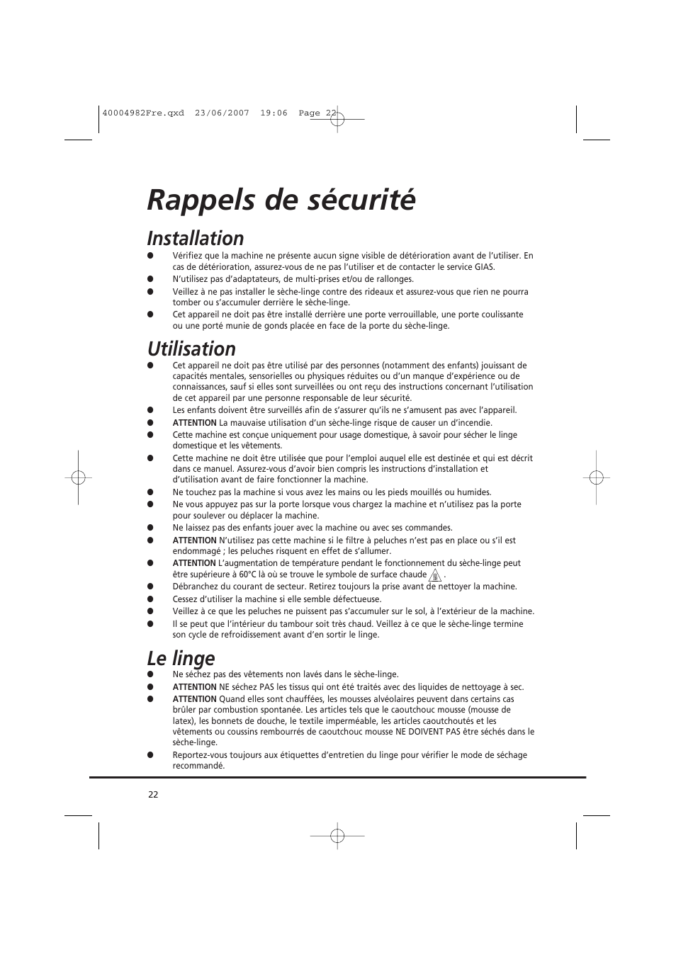 Rappels de sécurité, Installation, Utilisation | Le linge | Candy GO DC 78-01S User Manual | Page 22 / 76