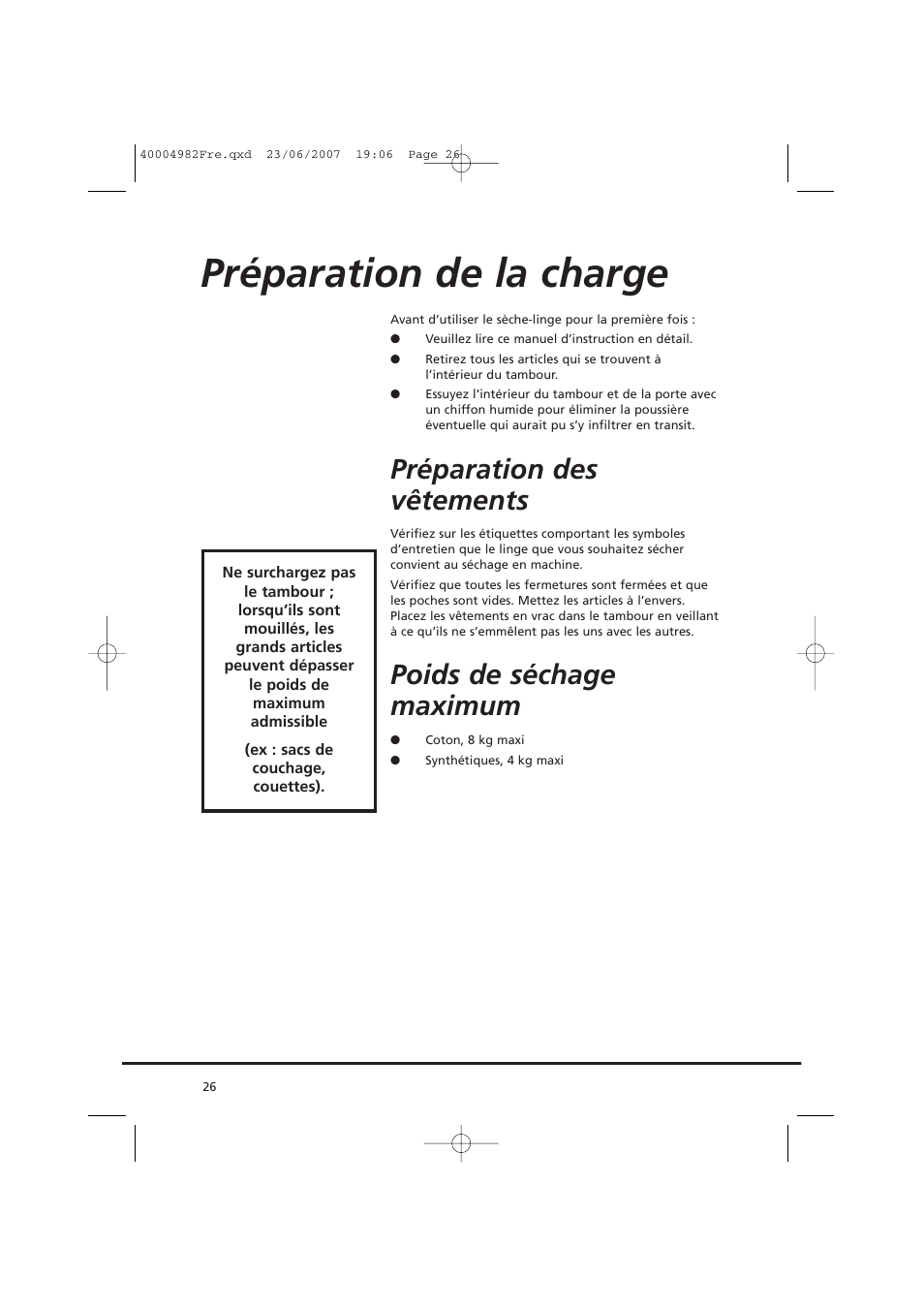 Préparation de la charge, Préparation des vêtements, Poids de séchage maximum | Candy GO DC 78-01S User Manual | Page 26 / 76