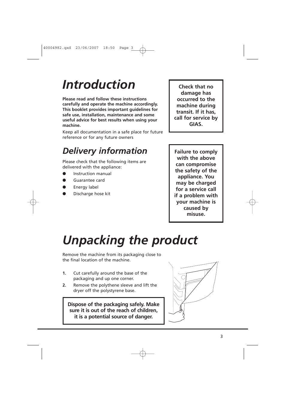 Introduction, Unpacking the product, Delivery information | Candy GO DC 78-01S User Manual | Page 3 / 76