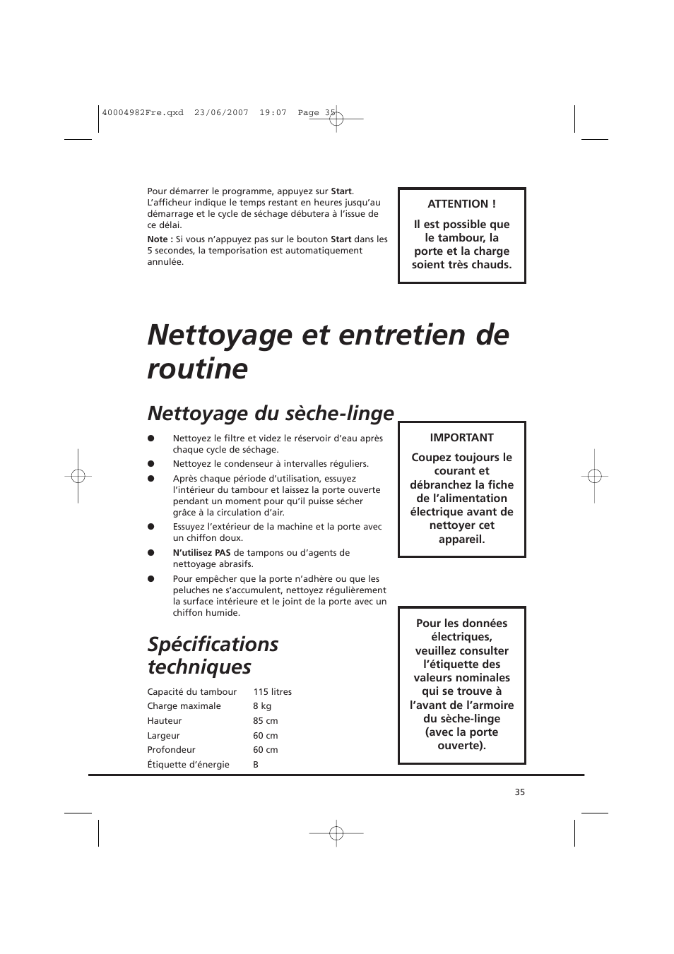 Nettoyage et entretien de routine, Nettoyage du sèche-linge, Spécifications techniques | Candy GO DC 78-01S User Manual | Page 35 / 76