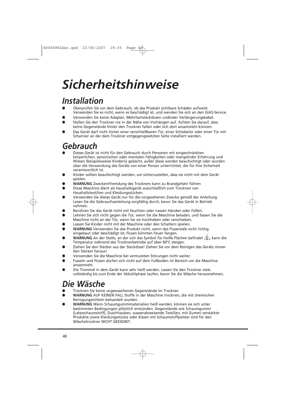 Sicherheitshinweise, Installation, Gebrauch | Die wäsche | Candy GO DC 78-01S User Manual | Page 40 / 76