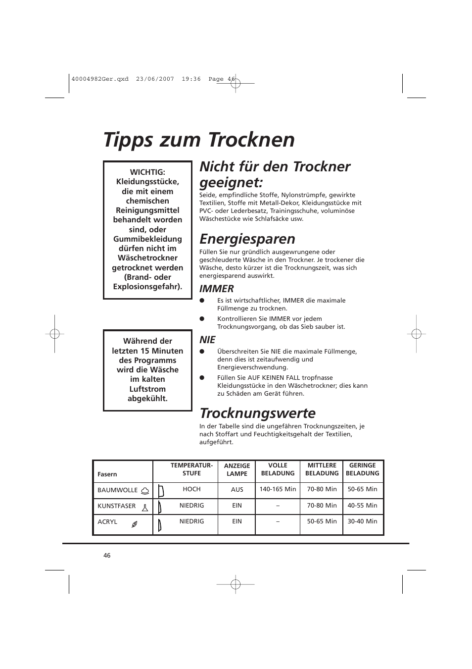 Tipps zum trocknen, Nicht für den trockner geeignet, Energiesparen | Trocknungswerte, Immer | Candy GO DC 78-01S User Manual | Page 46 / 76