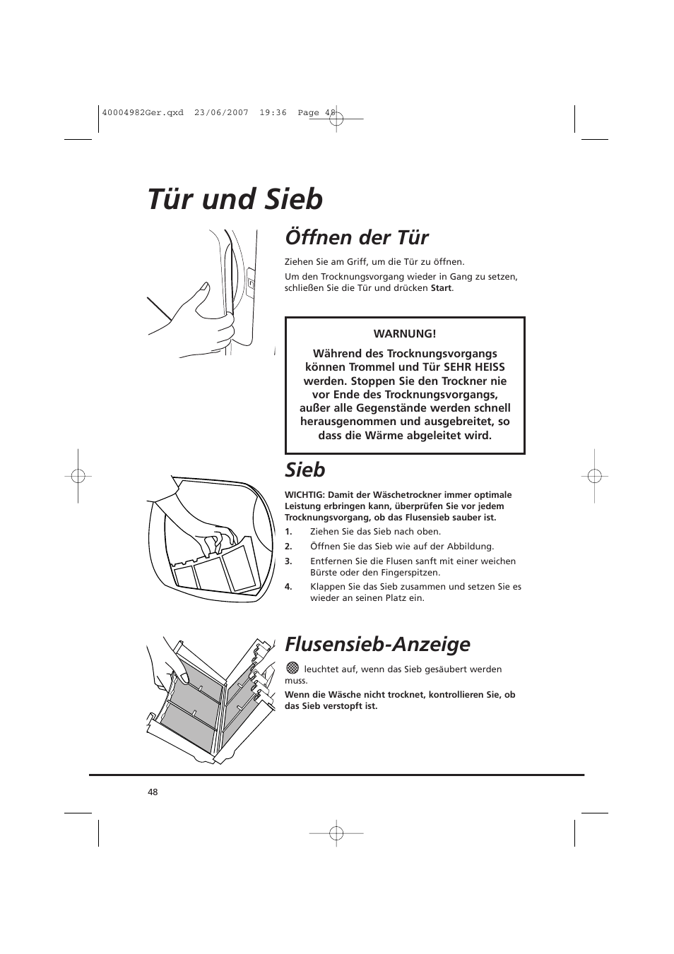 Tür und sieb, Öffnen der tür, Sieb | Flusensieb-anzeige | Candy GO DC 78-01S User Manual | Page 48 / 76
