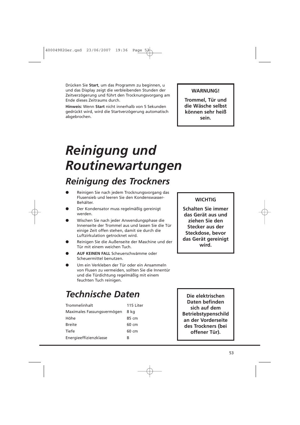Reinigung und routinewartungen, Reinigung des trockners, Technische daten | Candy GO DC 78-01S User Manual | Page 53 / 76