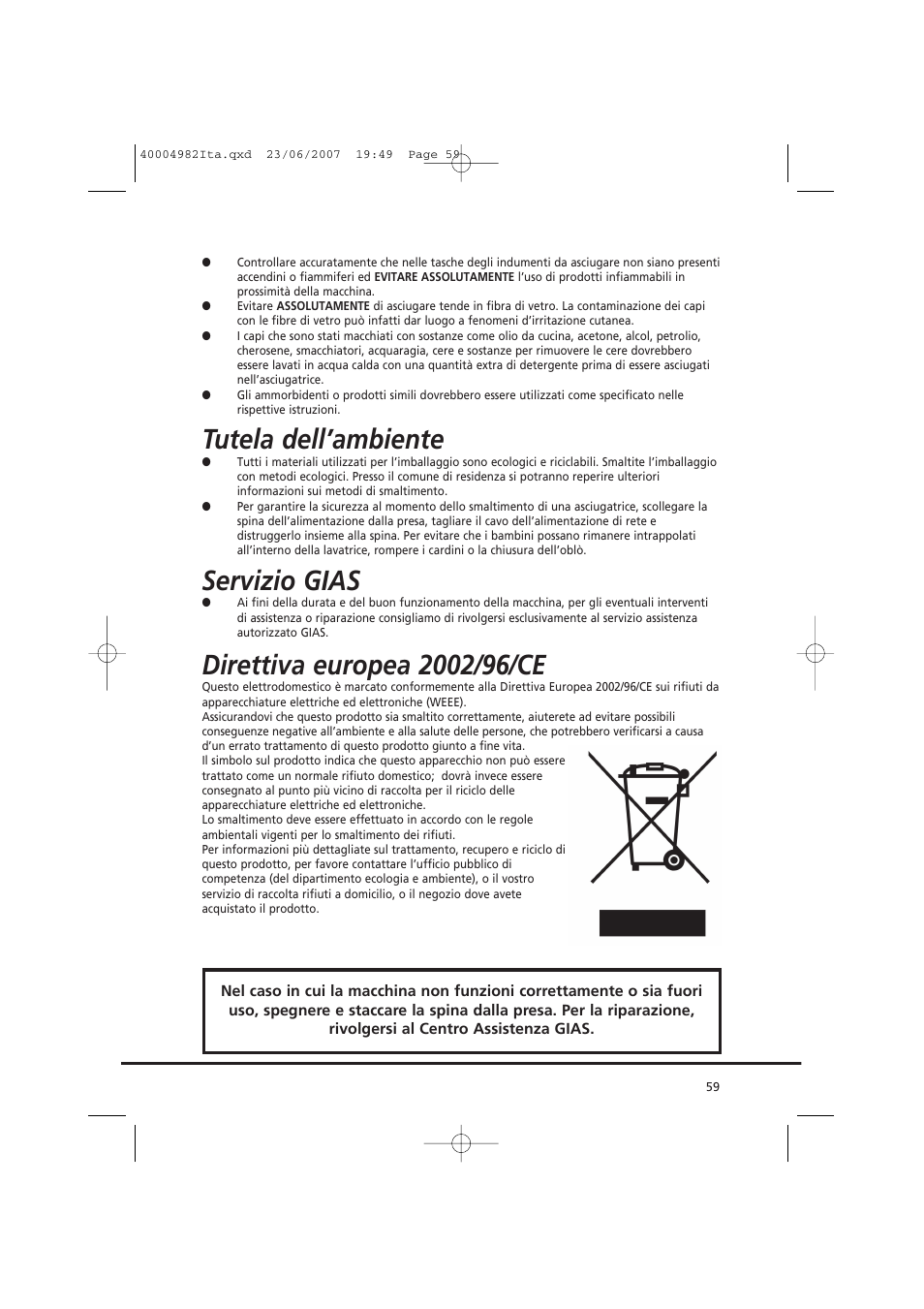Tutela dell’ambiente, Servizio gias | Candy GO DC 78-01S User Manual | Page 59 / 76