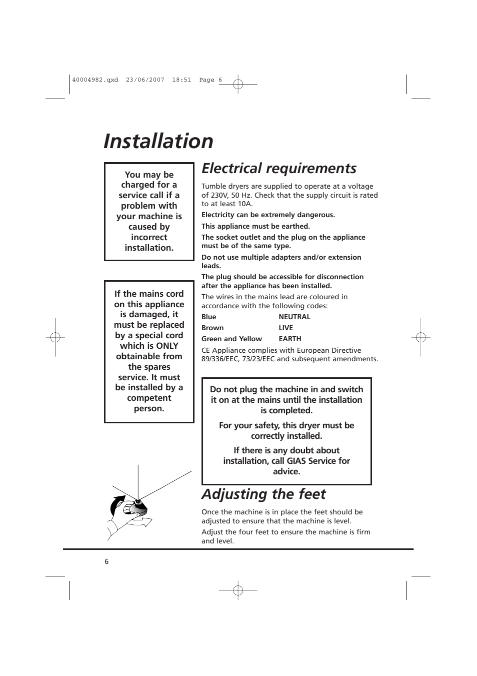 Installation, Electrical requirements, Adjusting the feet | Candy GO DC 78-01S User Manual | Page 6 / 76