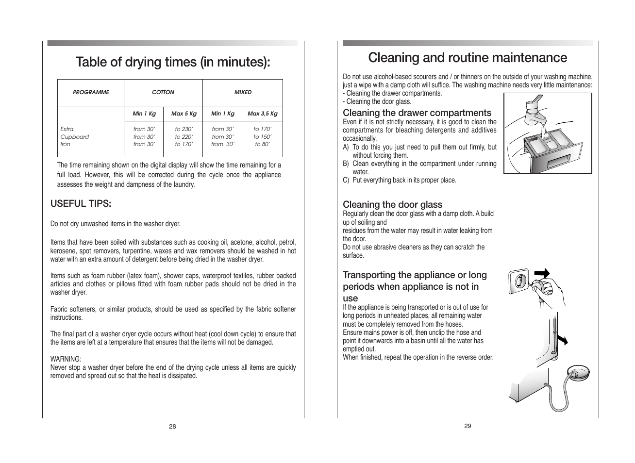Table of drying times (in minutes), Cleaning and routine maintenance | Candy CDB 754D__янв.80 User Manual | Page 15 / 21