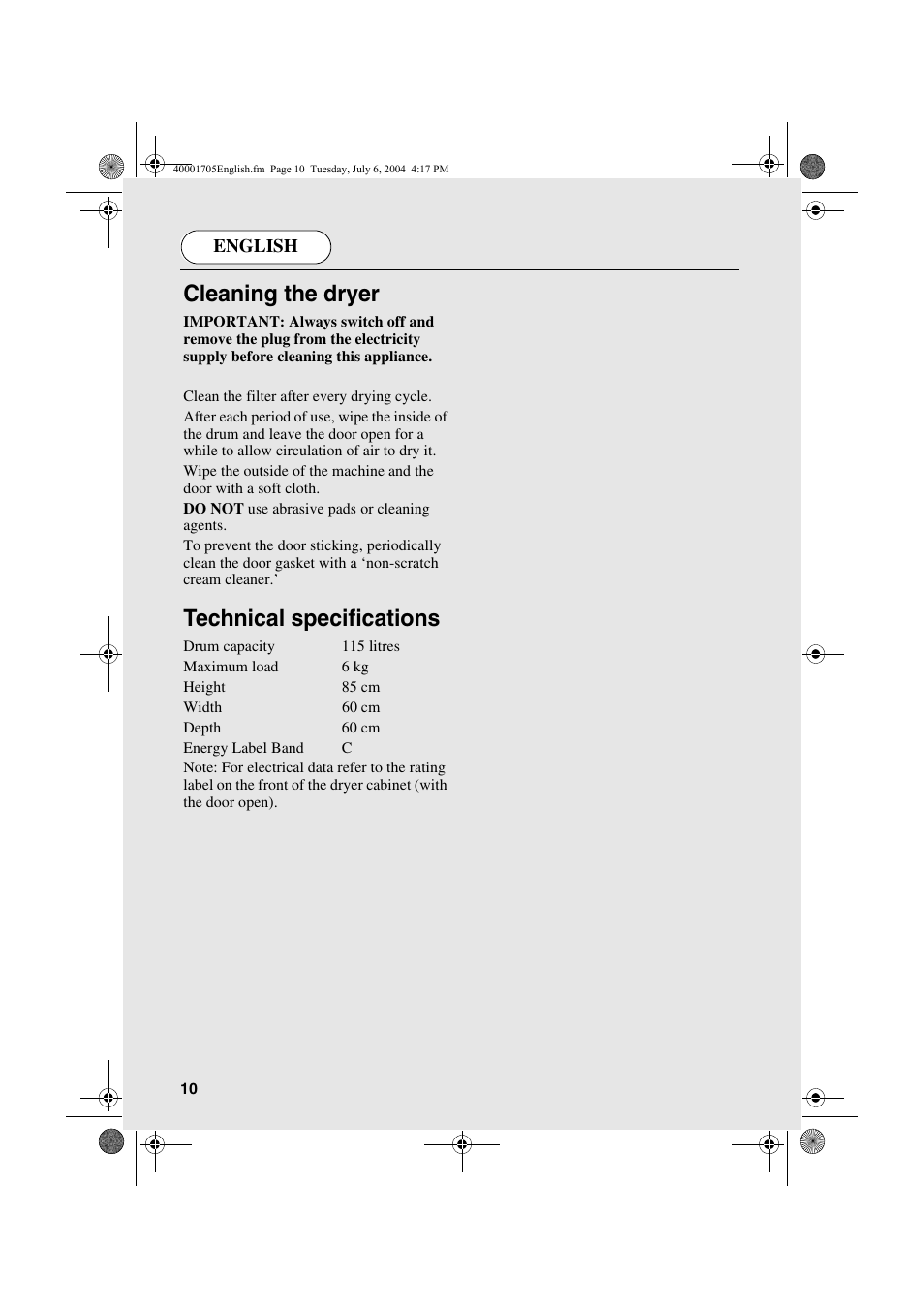 Cleaning the dryer, Technical specifications | Candy AB CDV 160 - SY User Manual | Page 10 / 112