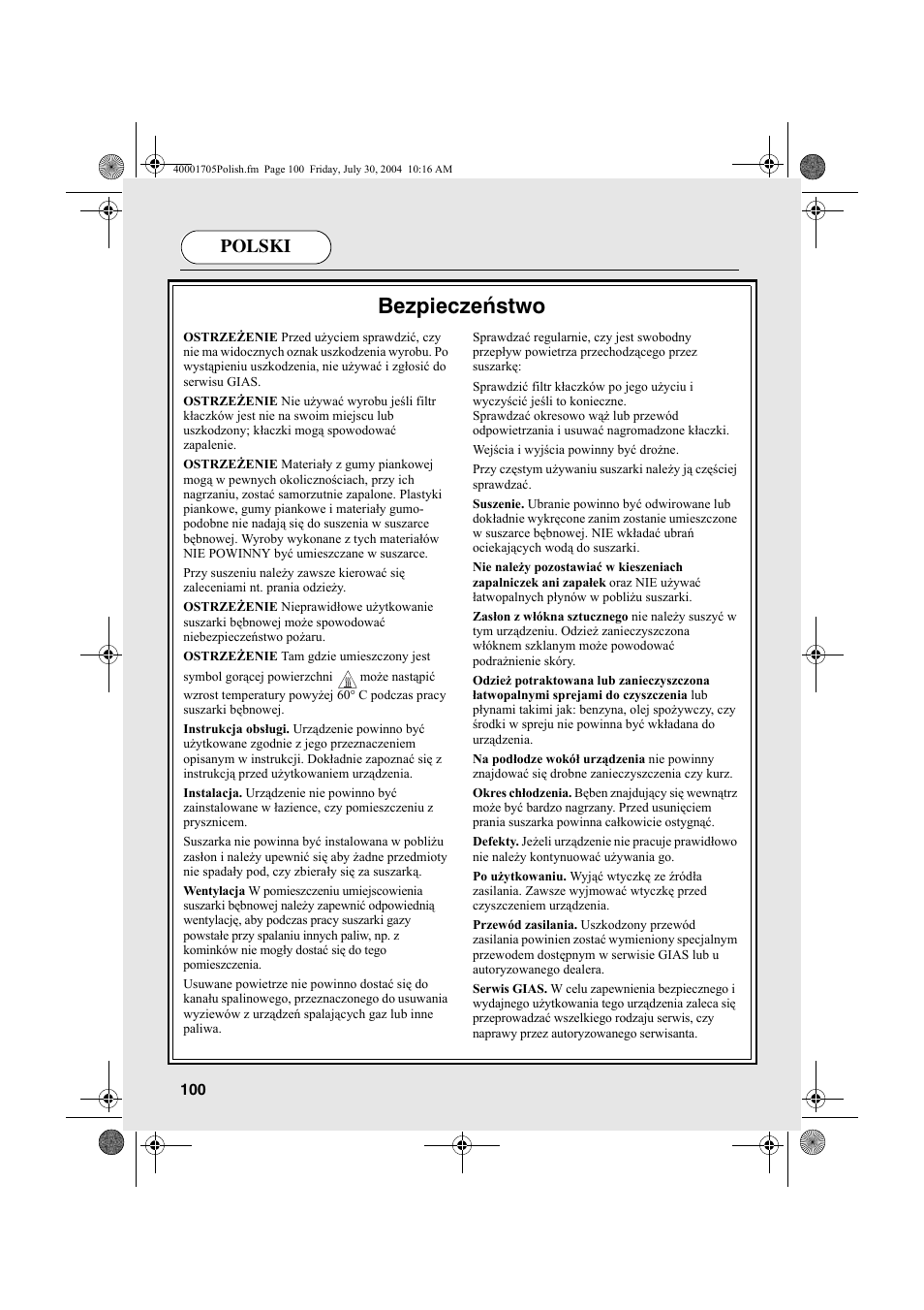 Bezpieczeństwo, Polski | Candy AB CDV 160 - SY User Manual | Page 100 / 112