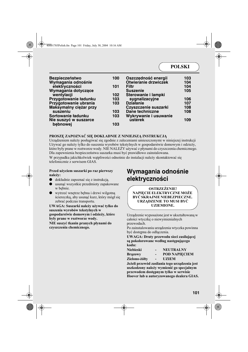 Wymagania odnośnie elektryczności, Polski | Candy AB CDV 160 - SY User Manual | Page 101 / 112