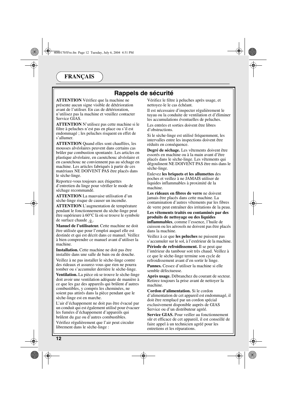 Rappels de sécurité, Français | Candy AB CDV 160 - SY User Manual | Page 12 / 112