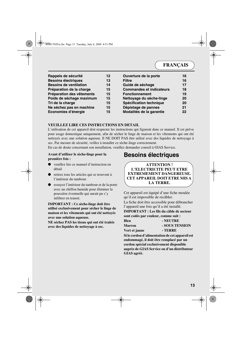 Besoins électriques, Français | Candy AB CDV 160 - SY User Manual | Page 13 / 112