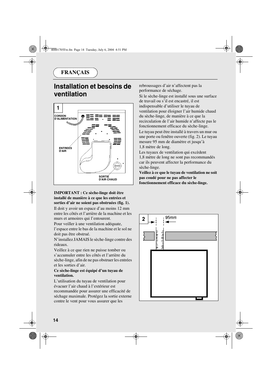 Installation et besoins de ventilation, Français | Candy AB CDV 160 - SY User Manual | Page 14 / 112
