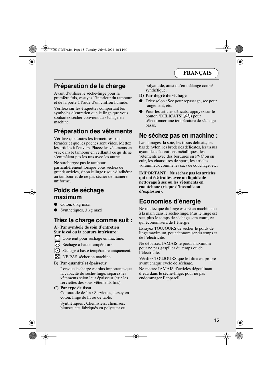Préparation de la charge, Préparation des vêtements, Poids de séchage maximum | Triez la charge comme suit, Ne séchez pas en machine, Economies d’énergie | Candy AB CDV 160 - SY User Manual | Page 15 / 112