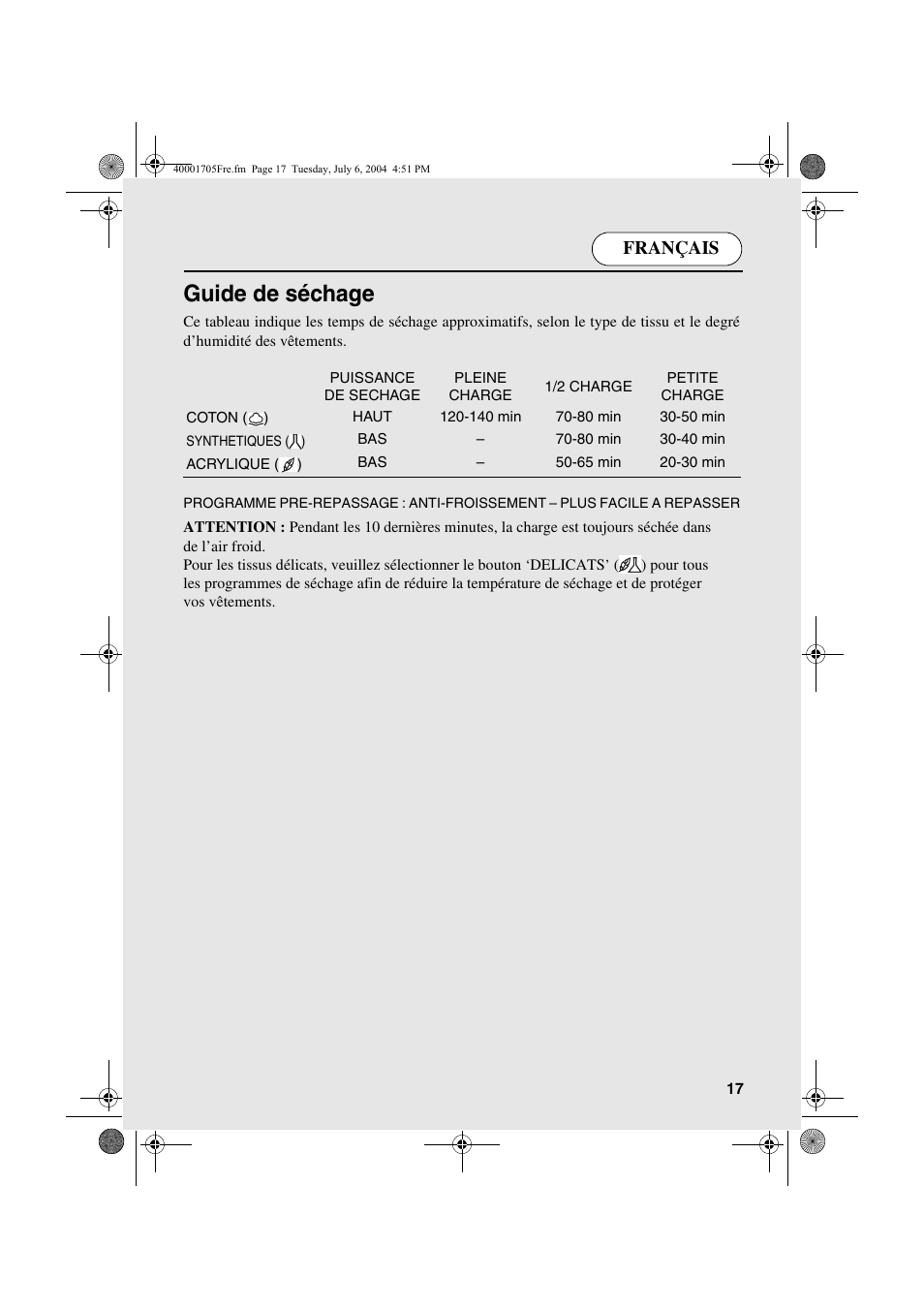 Guide de séchage, Français | Candy AB CDV 160 - SY User Manual | Page 17 / 112
