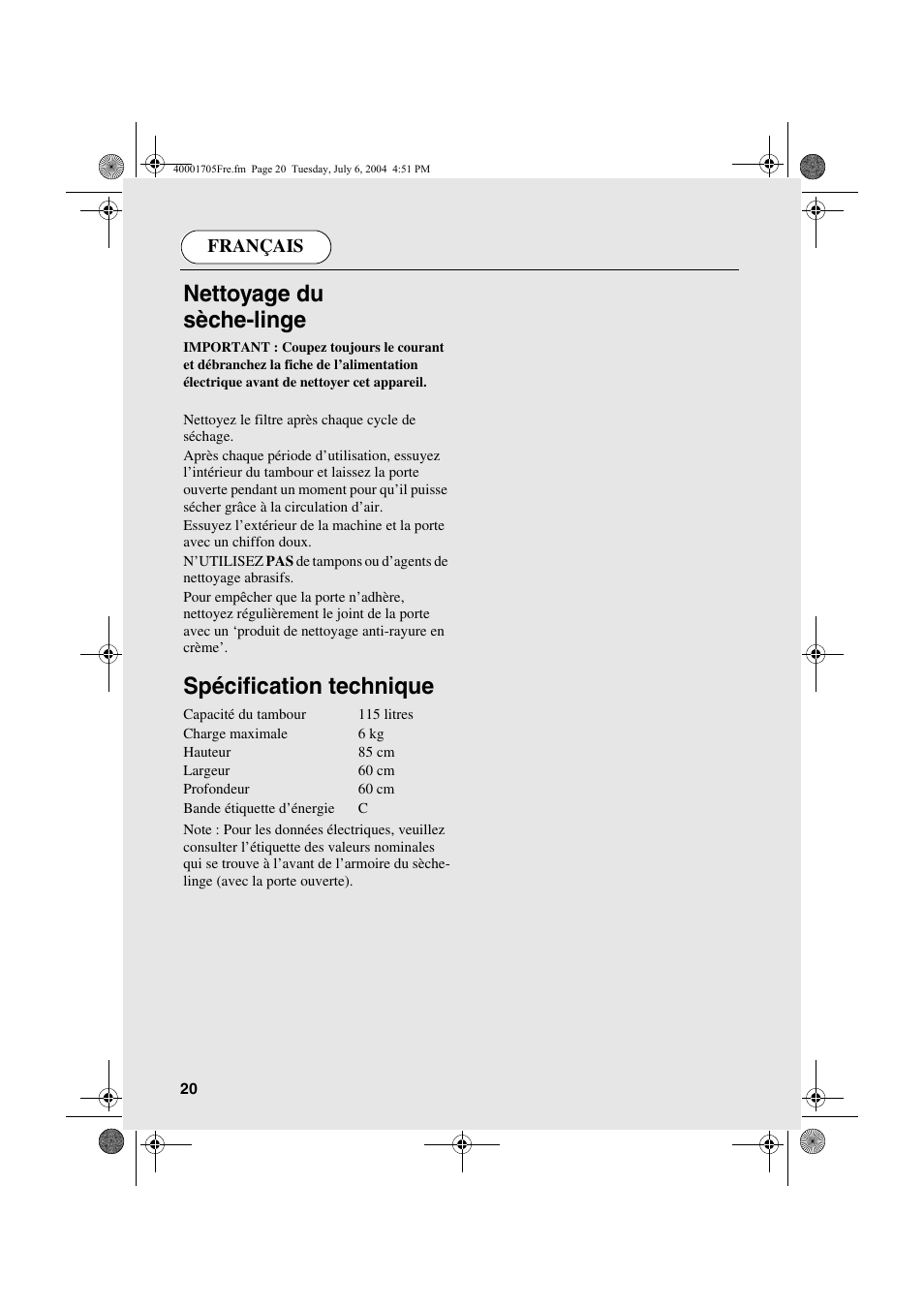 Nettoyage du sèche-linge, Spécification technique | Candy AB CDV 160 - SY User Manual | Page 20 / 112