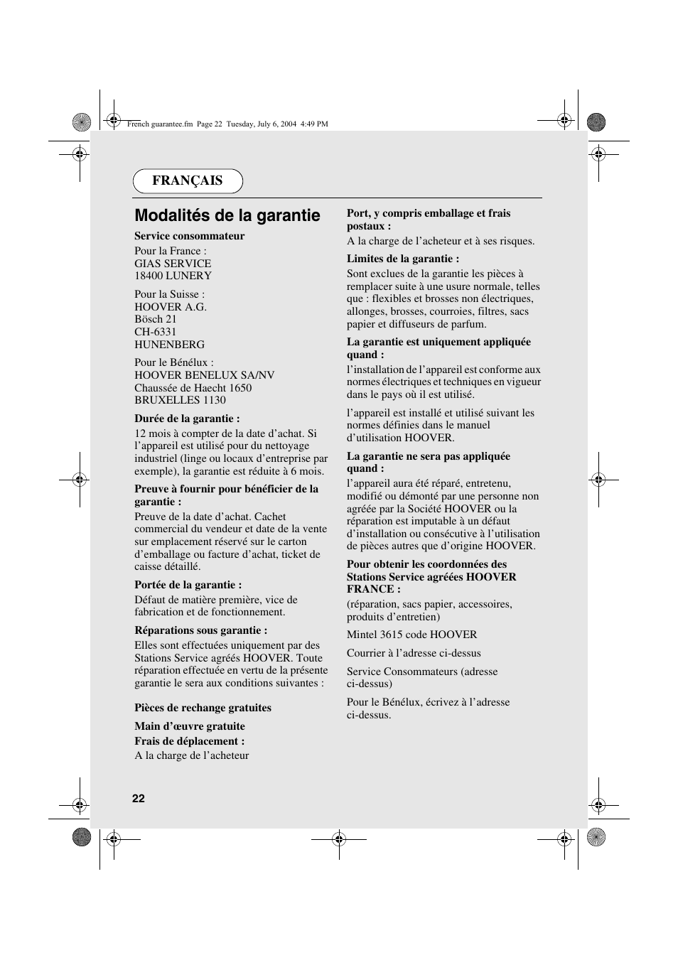 Modalités de la garantie, Français | Candy AB CDV 160 - SY User Manual | Page 22 / 112