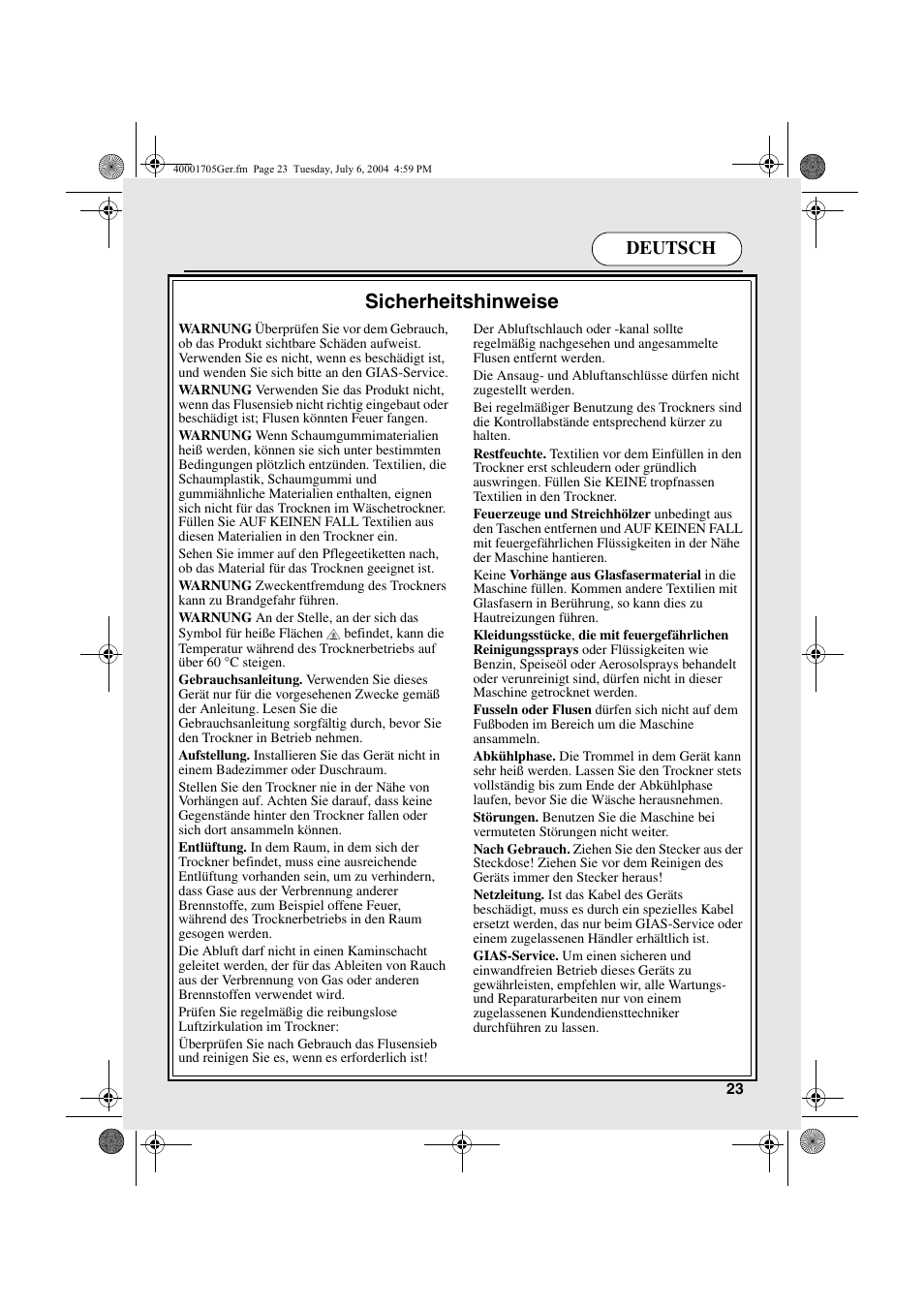 Sicherheitshinweise, Deutsch | Candy AB CDV 160 - SY User Manual | Page 23 / 112