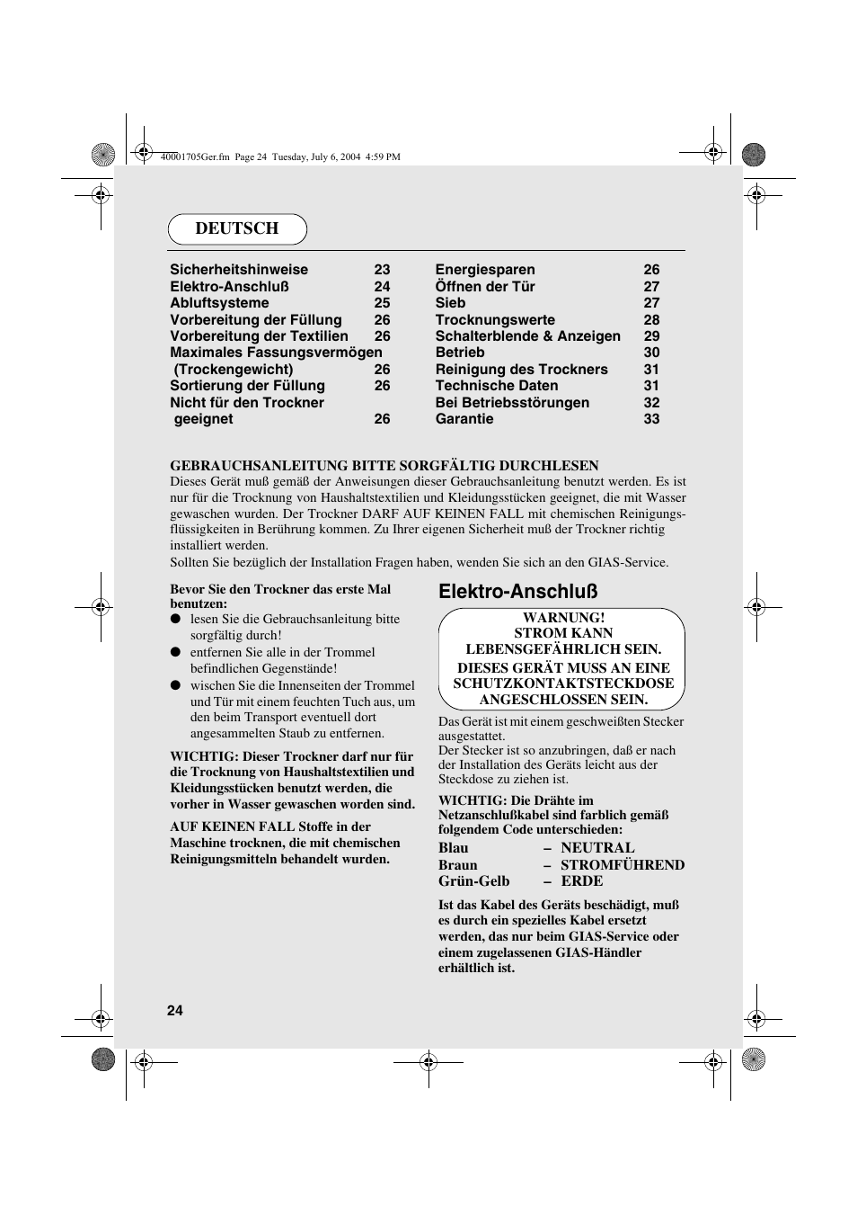 Elektro-anschluß, Deutsch | Candy AB CDV 160 - SY User Manual | Page 24 / 112