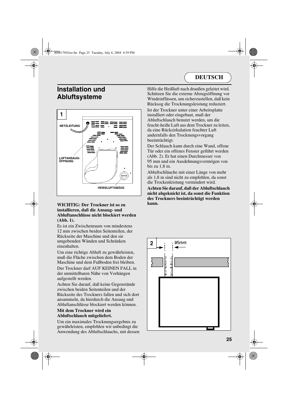Installation und abluftsysteme, Deutsch | Candy AB CDV 160 - SY User Manual | Page 25 / 112
