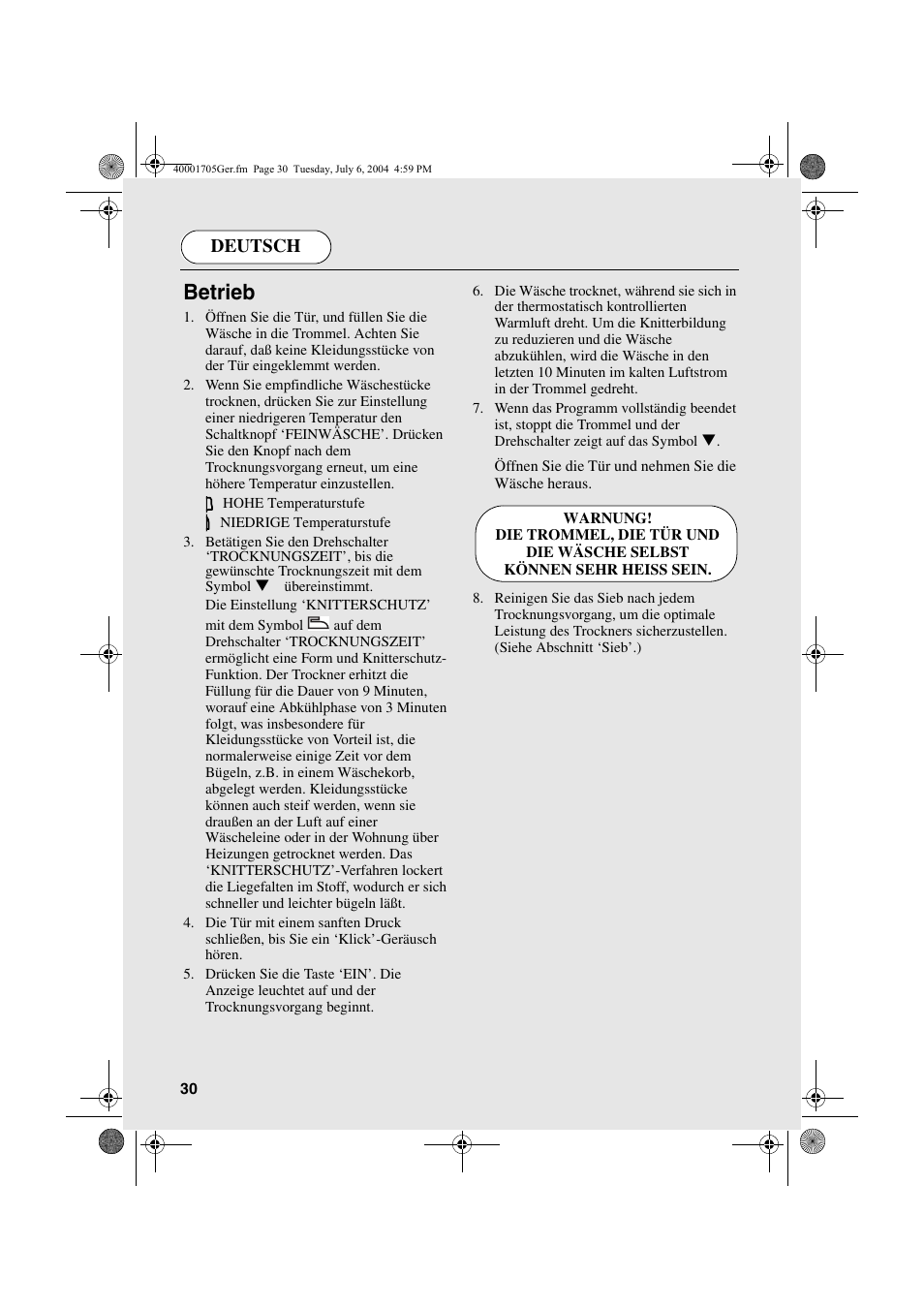 Betrieb, Deutsch | Candy AB CDV 160 - SY User Manual | Page 30 / 112