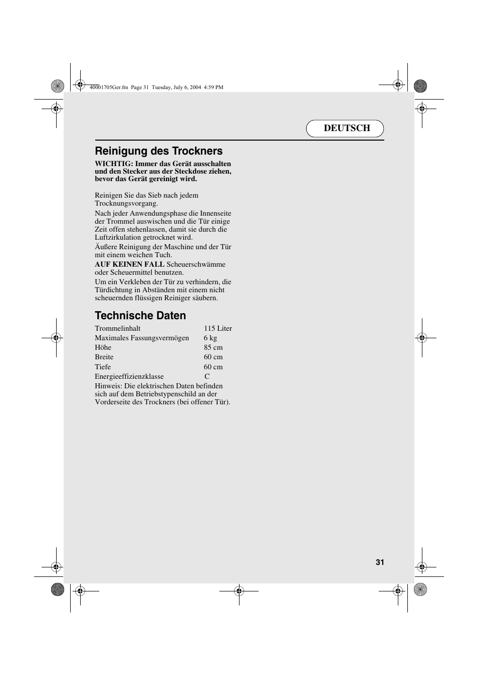 Reinigung des trockners, Technische daten | Candy AB CDV 160 - SY User Manual | Page 31 / 112