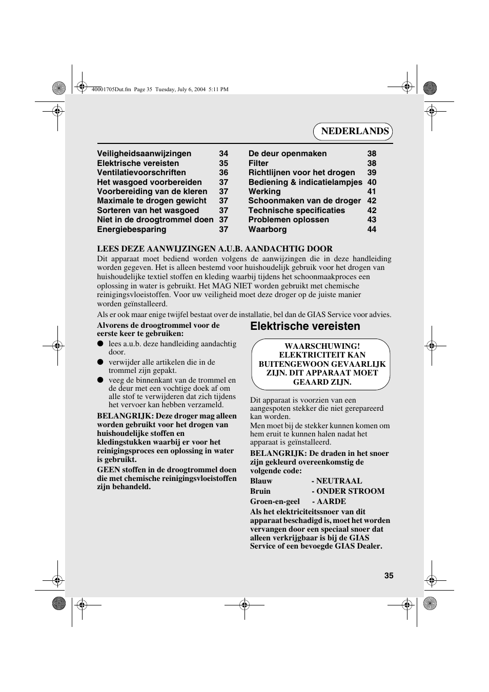 Elektrische vereisten, Nederlands | Candy AB CDV 160 - SY User Manual | Page 35 / 112