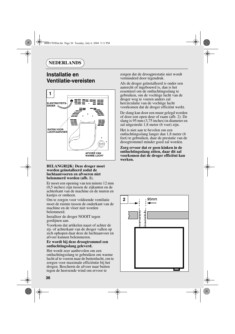 Installatie en ventilatie-vereisten, Nederlands | Candy AB CDV 160 - SY User Manual | Page 36 / 112