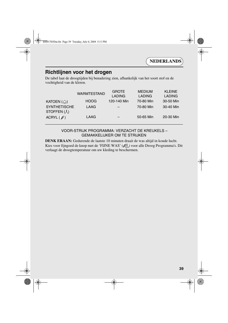 Richtlijnen voor het drogen, Nederlands | Candy AB CDV 160 - SY User Manual | Page 39 / 112