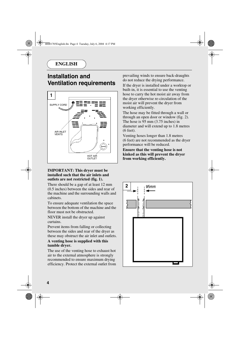 Installation and ventilation requirements, English | Candy AB CDV 160 - SY User Manual | Page 4 / 112