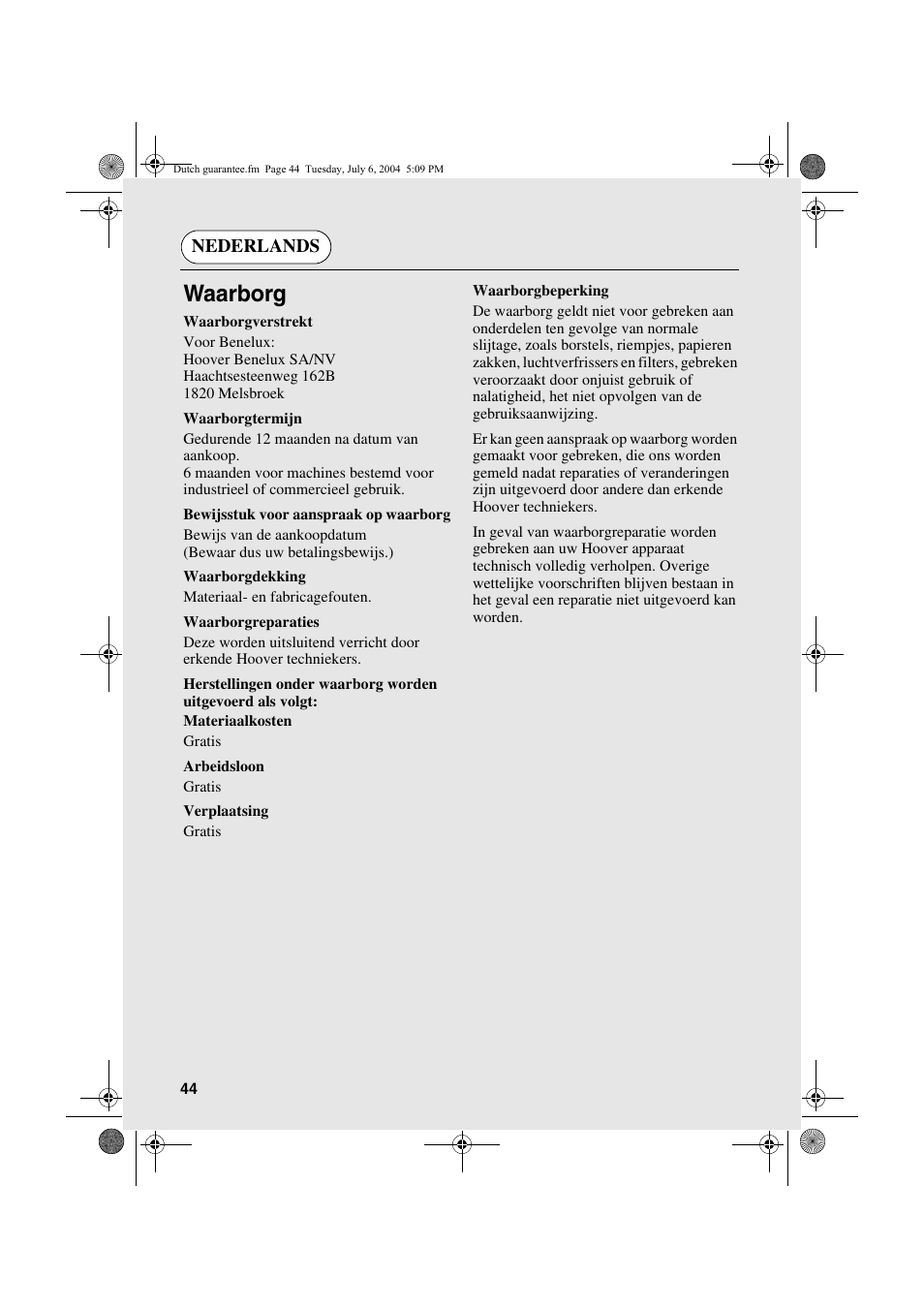 Waarborg | Candy AB CDV 160 - SY User Manual | Page 44 / 112