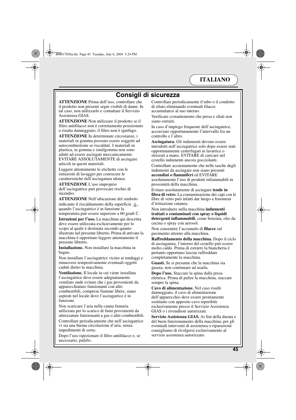 Consigli di sicurezza, Italiano | Candy AB CDV 160 - SY User Manual | Page 45 / 112